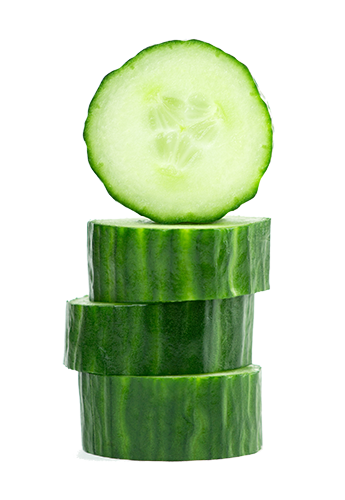 Stack of fresh cucumber slices on white background.
