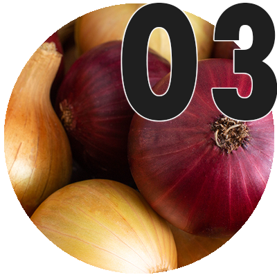 Red and yellow onions with the number 03.