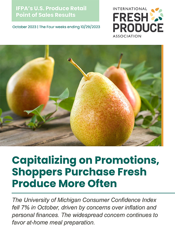 Cover of U.S. Produce Retail POS results October 2023. Pears on wooden boards with title: Capitalizing on Promotions, Shoppers Purchase Fresh Produce More Often