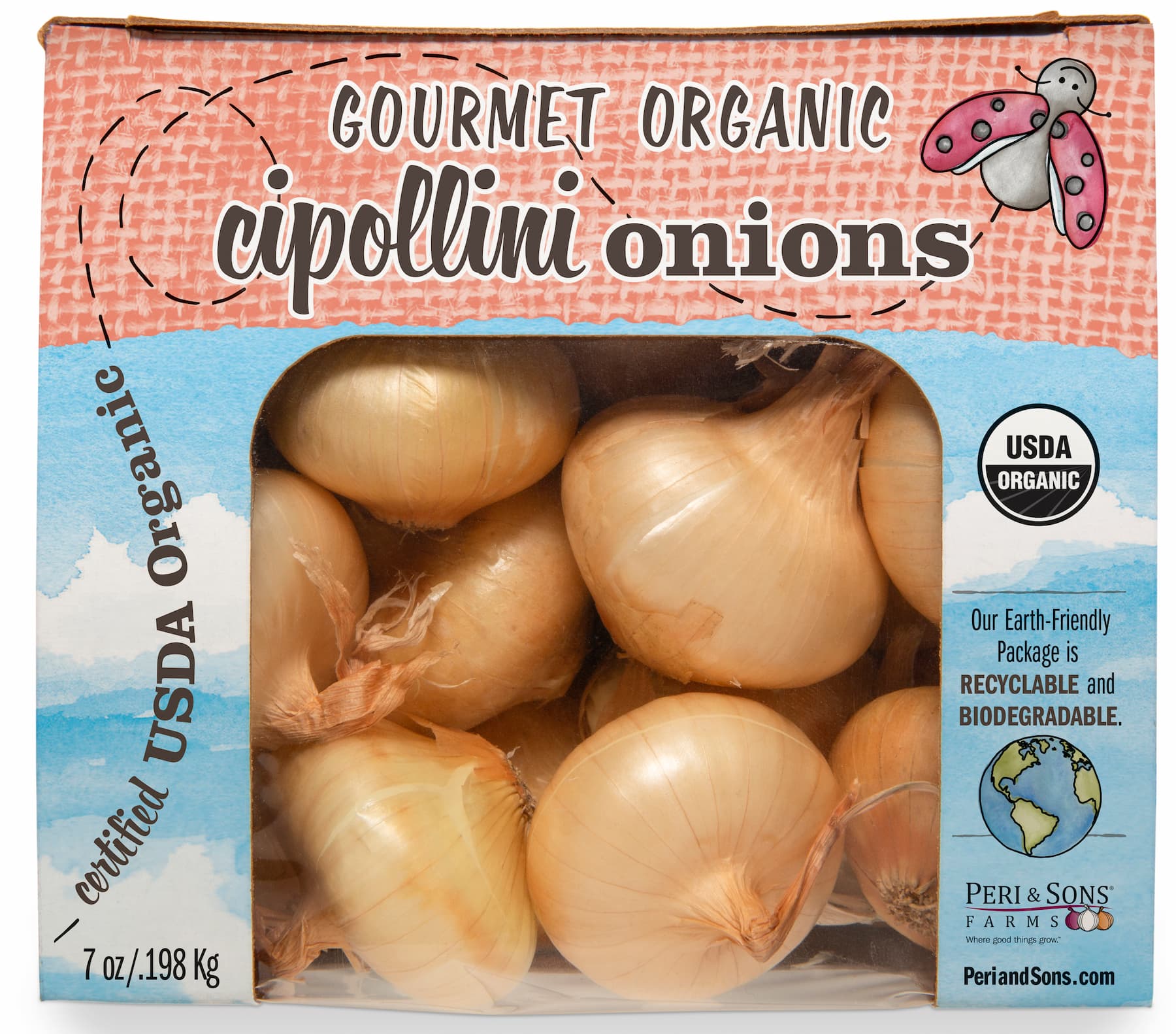 A bag of Peri & Sons gourmet organic cipollini onions. Onions can be see through the window of the package that has the USDA Organic stamp and the text: Our Earth Friendly Package is RECYCLABLE and BIODEGRADABLE.