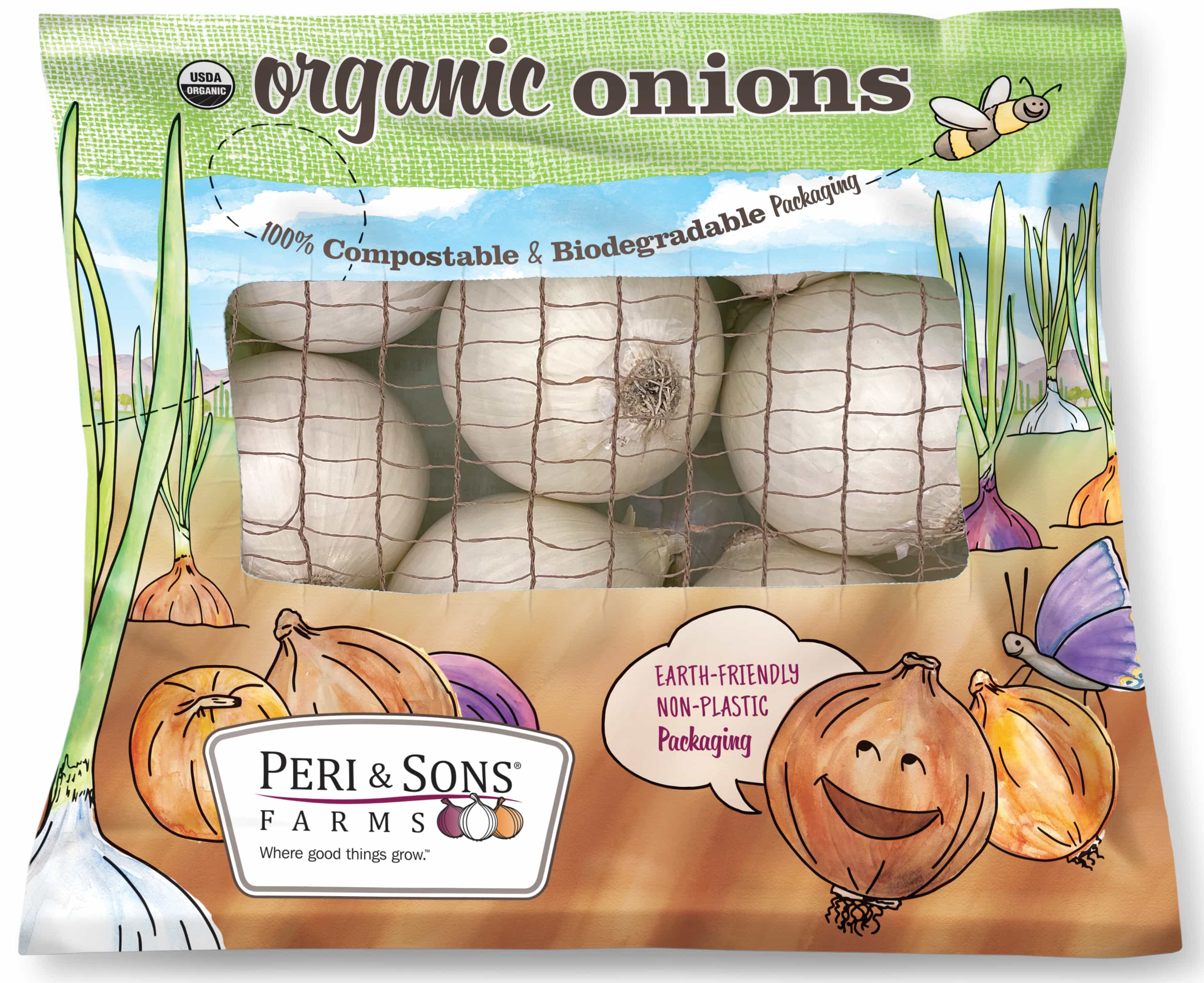 A bag of Peri & Sons Organic onions. White onions can be see through the net window of the package that has a cartoon type onion saying: Earth-Friendly Non-Plastic packaging.
