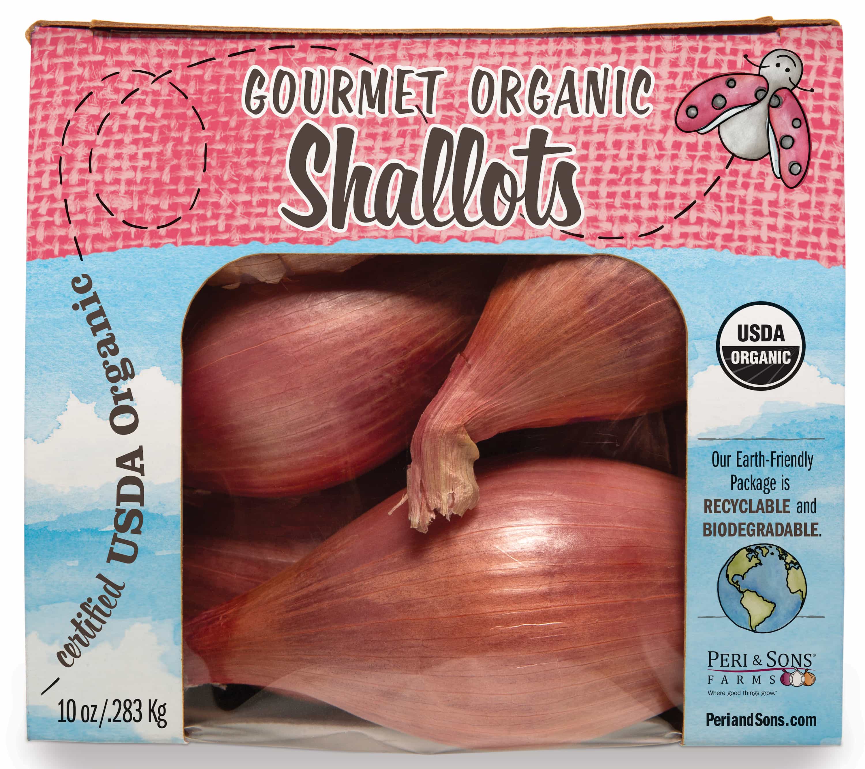 A bag of Peri & Sons gourmet organic shallots. Red shallots can be see through the window of the package that has the USDA Organic stamp and the text: Our Earth-Friendly Package is recyclable and biodegradable.