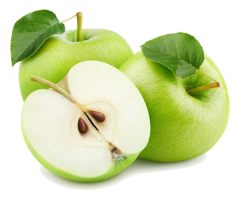 Group of ripe green apple fruits with half and green leaves isolated on white background. 