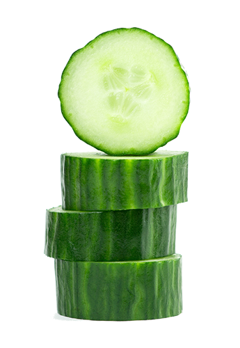 Stack of fresh cucumber slices on white background.