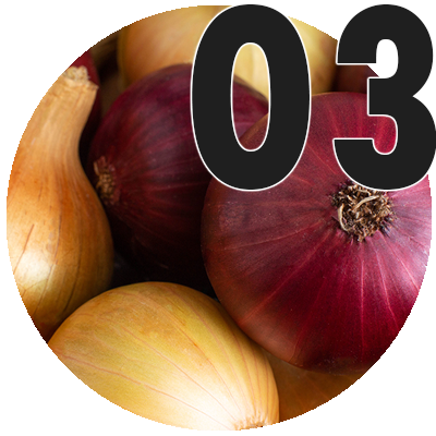 Red and yellow onions with the number 03.